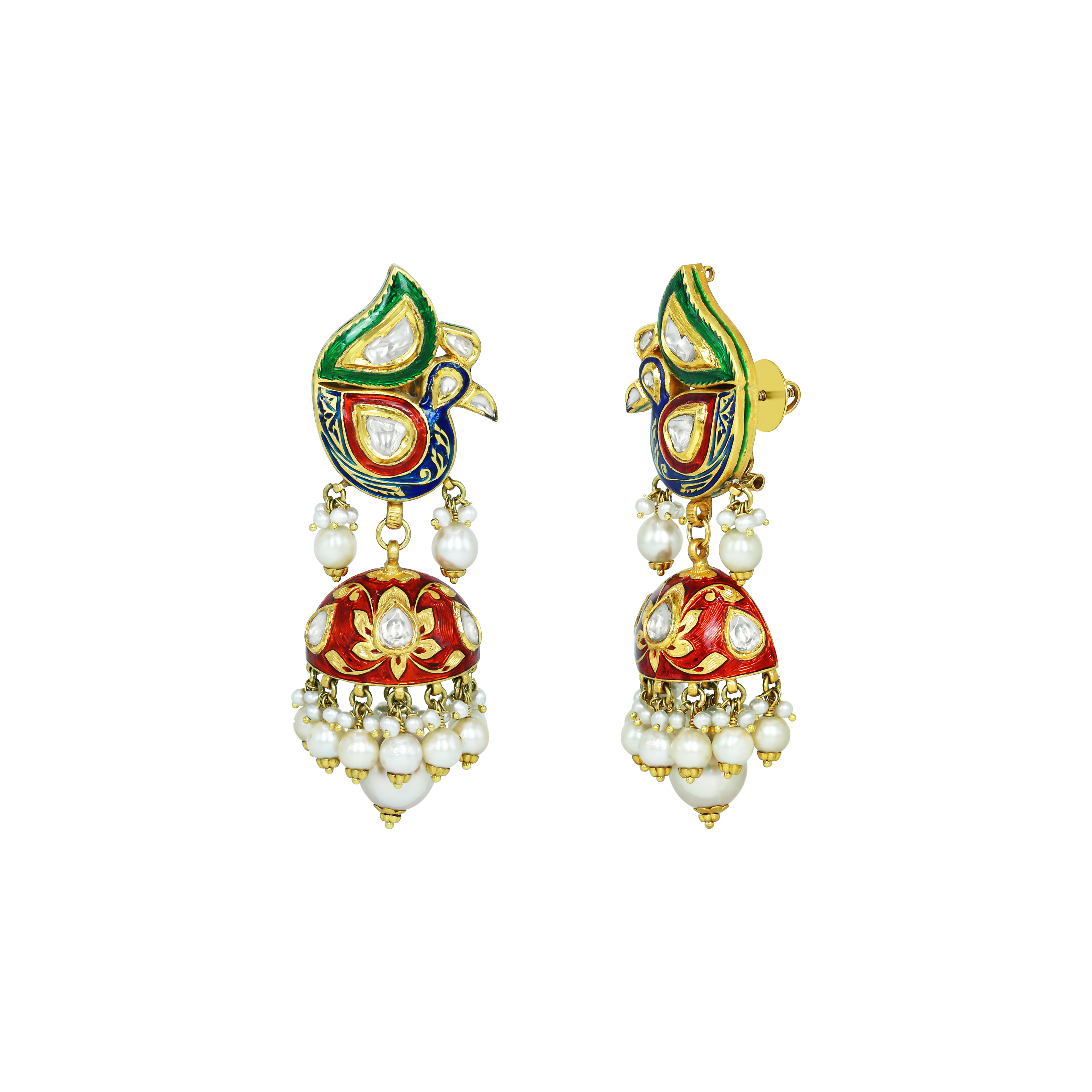 Peacock Motif Enamel Necklace Set with Polki and Pearl Drops